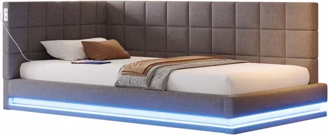Letto singolo trasformabile 90x200 cm con LED e USB; lino; compensato e MDF; grigio