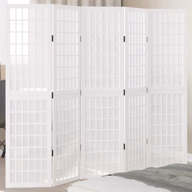 Divisorio Ambienti vidaXL a 5 Pannelli in Legno di Paulownia Bianco Opaco H: 175 cm, L: 160 cm
