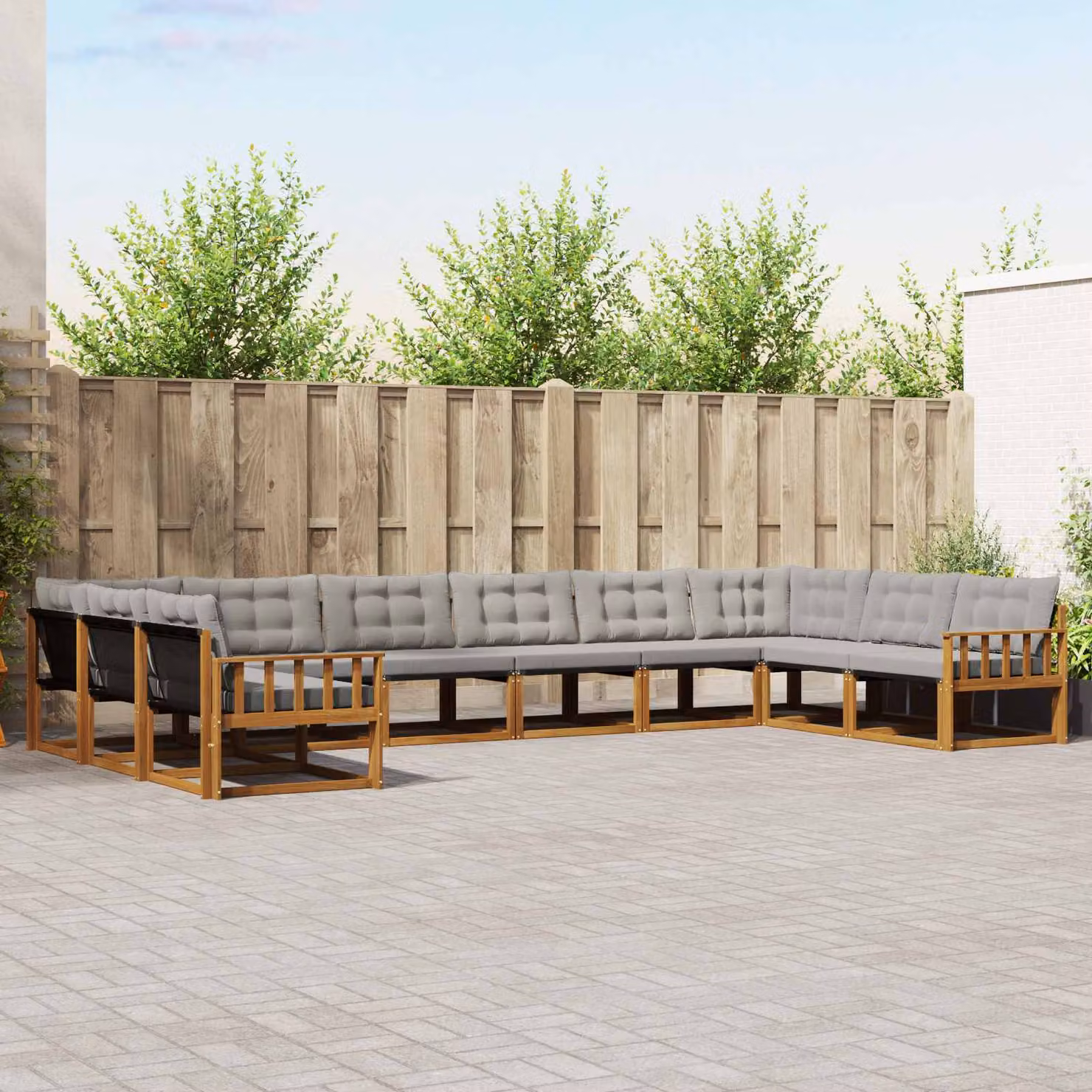 Set di divani da esterno vidaXL a forma di U composto da 10 pezzi in legno di acacia e tessuto textilene, colore grigio e marrone con cuscini rimovibili