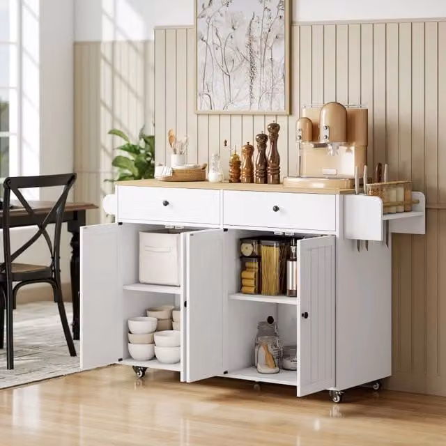 Isola da cucina REDOM bianca con 2 cassetti e 2 armadietti, L: 132 cm, P: 55 cm, H: 91 cm