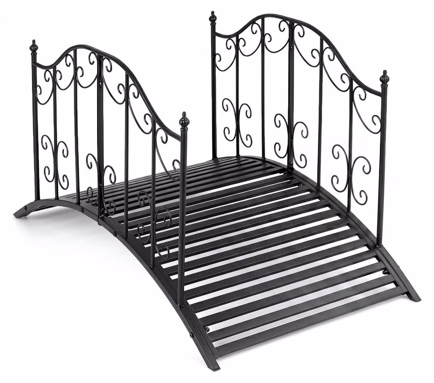 Ponte ad arco in metallo KOMFOTTEU, ponte per laghetto con ringhiera decorata, capacità portante fino a 150 kg, stabile e resistente agli agenti atmosferici, ponte ornamentale resistente alle intemperie per giardino, laghetto e ruscello, colore nero