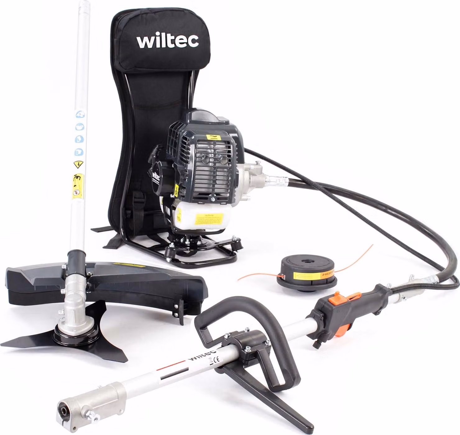 Attrezzo multifunzionale Wiltec 2 in 1 con motore a 2 tempi con zaino, attrezzo multigiardino per zaino, attrezzo multigiardino con tagliaerba, ecc