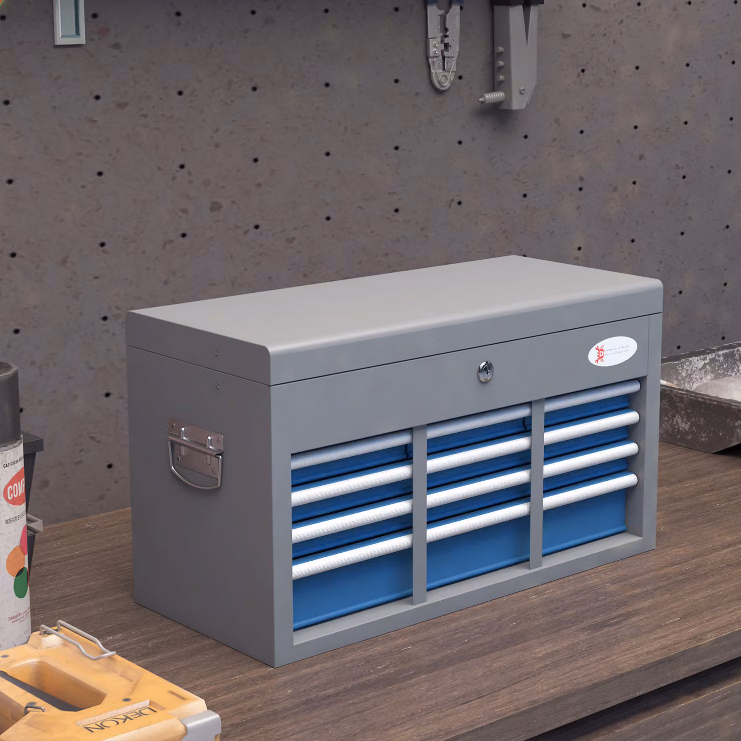 Cassetta attrezzi in acciaio DURHAND con 6 cassetti, bauletto e 2 chiavi, colore blu e grigio, L: 60 cm, P: 26 cm, H: 34 cm – 2