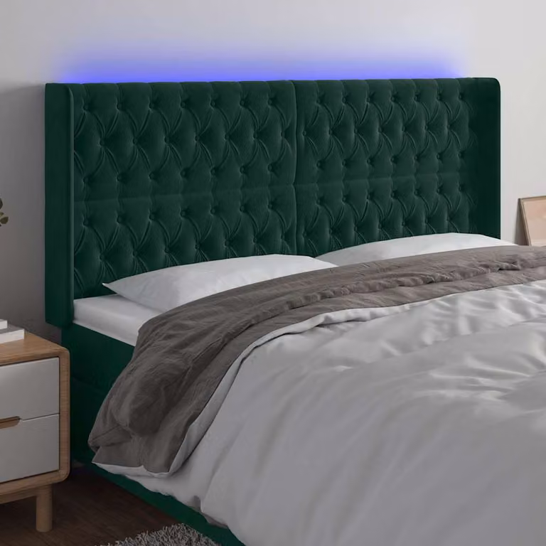 Testiera per letto vidaXL in velluto verde con illuminazione LED e porta di ricarica USB, L: 183 cm, P: 16 cm, H: 118/128 cm