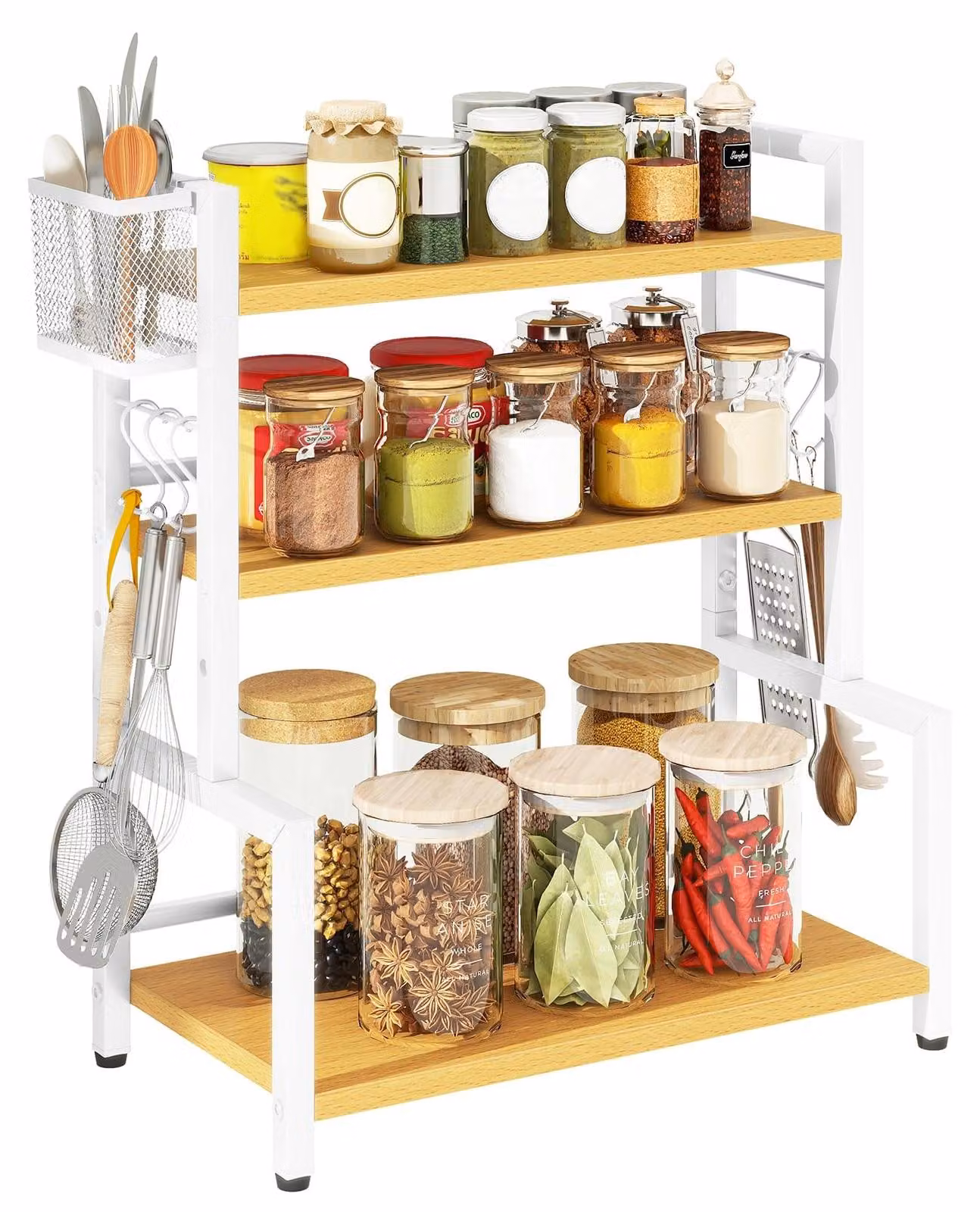 Omgoods - Portaoggetti da cucina a 3 ripiani per erbe aromatiche e conserve, colore naturale