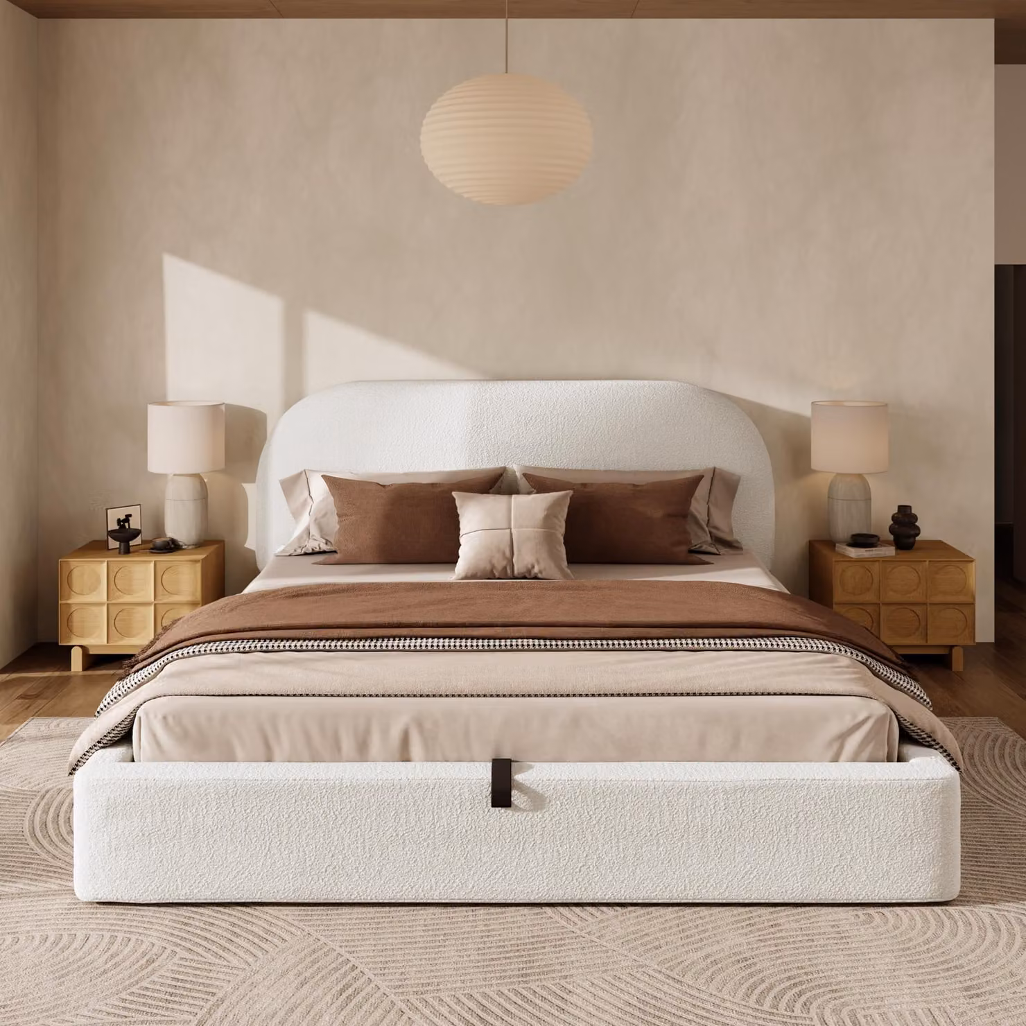 Letto imbottito idraulico Flieks 180x200cm con rete a doghe, letto matrimoniale con contenitore, letto classico bouclé, beige