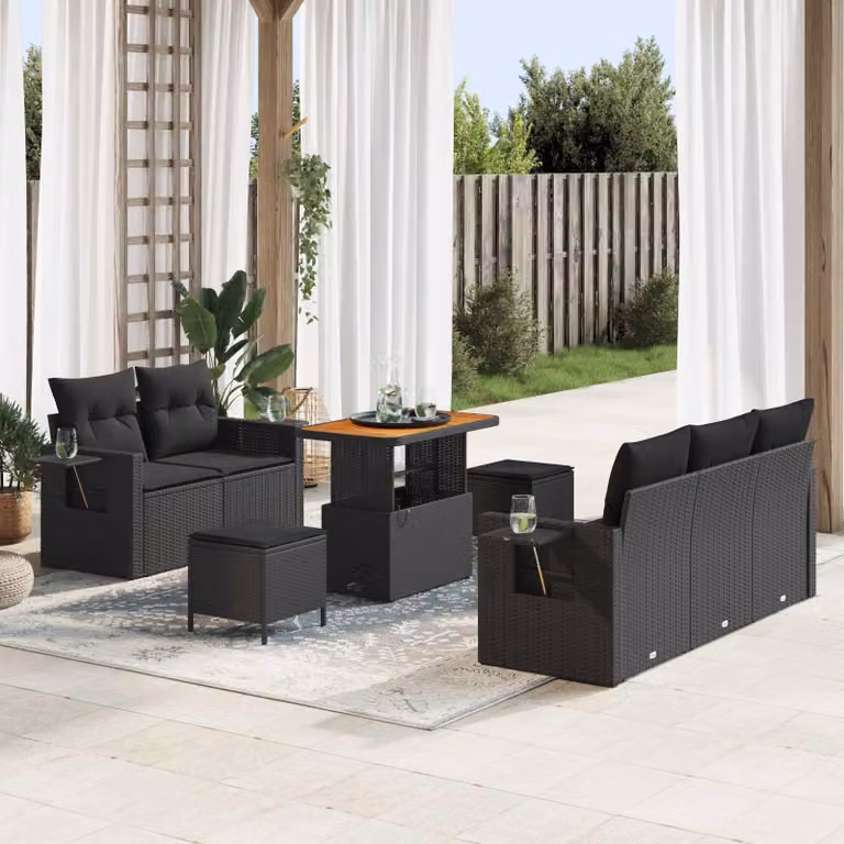 Set Divano da Giardino a L vidaXL in Polyrattan Nero con Cuscini e Tavolino da 8 Pezzi