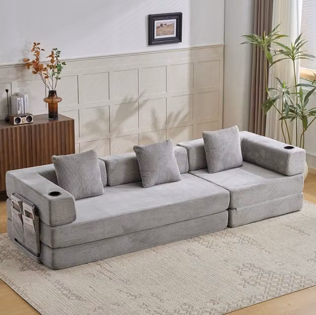Divano Letto Pieghevole in Velluto a Coste 277;5x92;5x60 cm con Tasche e Portabicchieri Grigio Chiaro per Soggiorno