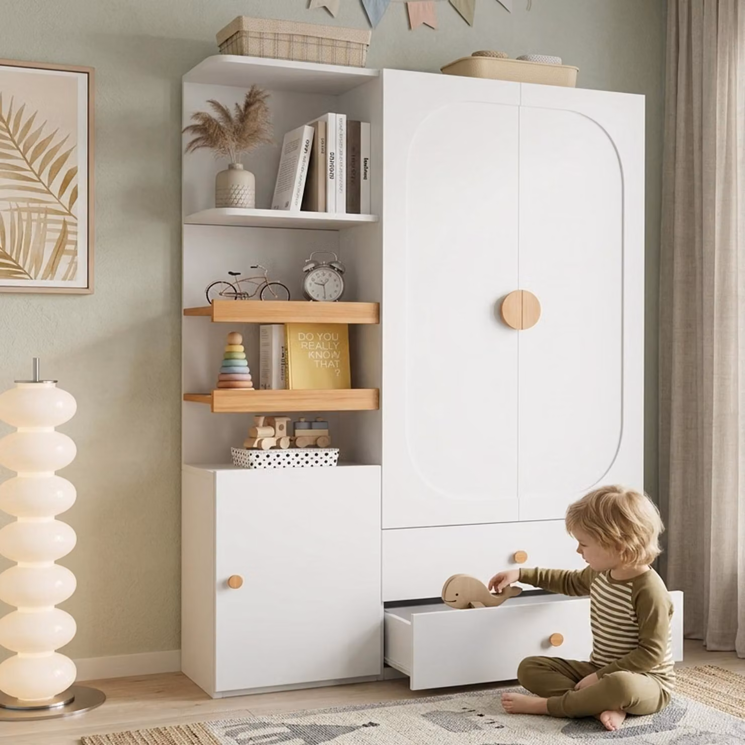 Armadio STILVORA con asta appendiabiti e cassetti, mobile multifunzionale con ripiani aperti, armadio guardaroba con spazio contenitivo, bianco/naturale