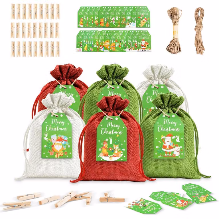 Calendario dell'Avvento da riempire, in tessuto, con 24 sacchetti di 14x10 cm, nei colori rosso, bianco e verde. Set in juta, ideale per il fai-da-te