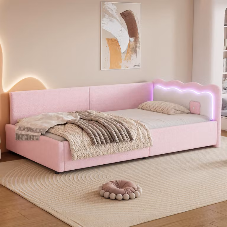 Merax daybed 90x200 cm, divano letto con luce ambientale a LED e telecomando, divano letto in pile, daybed con rete a doghe, letto per bambini, rosa