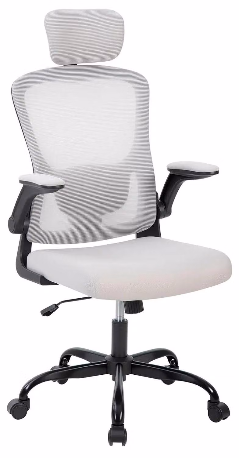 Sedia da ufficio - Sedia da scrivania ergonomica in rete - Schienale alto - Poggiatesta regolabile - Supporto lombare - Regolabile in altezza - Girevole - Rotelle e braccioli - Grigio