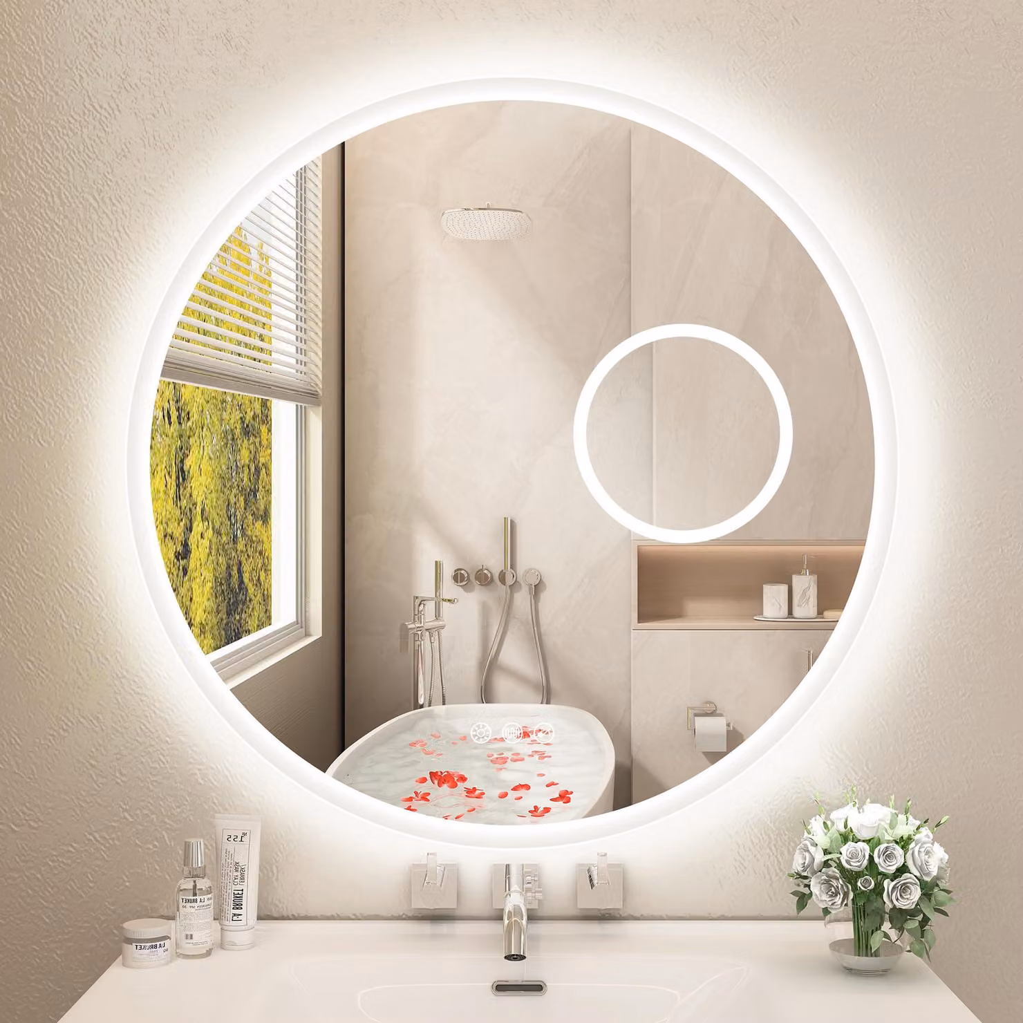 Specchio da bagno rotondo, diametro 60 cm, con illuminazione LED, ingrandimento 5x e dimmerabile