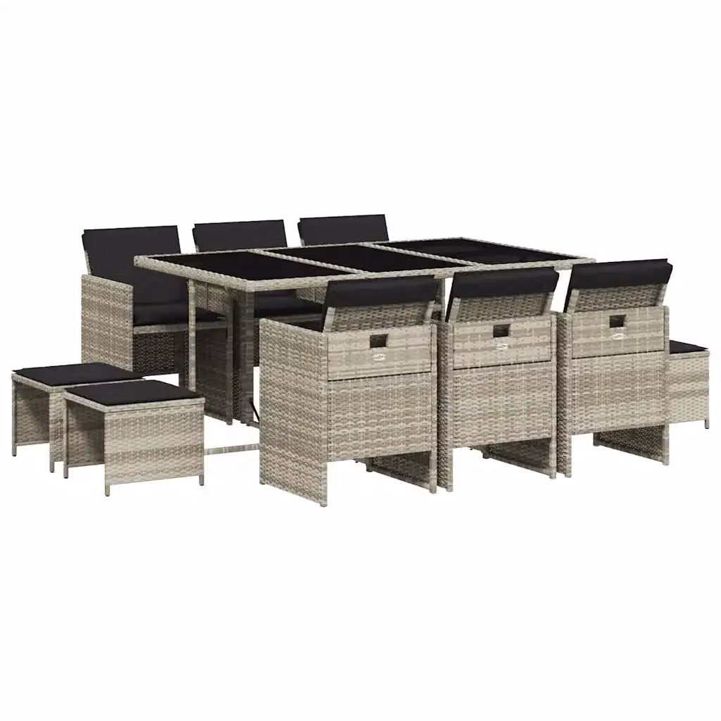 Set Pranzo da Giardino vidaXL in Polyrattan con Cuscini Grigio Chiaro e Piano in Vetro, 11 Pezzi – 2