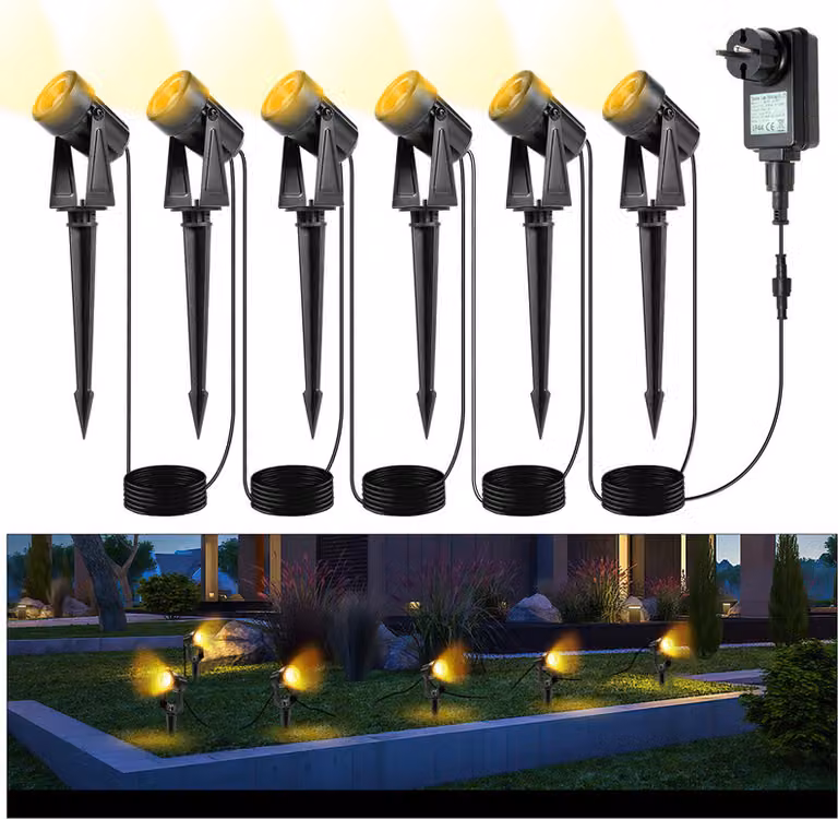 Jopassy Faretto da giardino a LED con picchetto a terra set di 6, luce da giardino Illuminazione da giardino con spina Impermeabile IP65 Bianco caldo