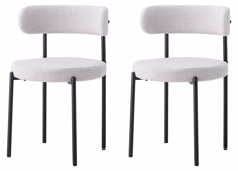 Set di 2 sedie da pranzo - Sedia imbottita in stile mid-century - Schienale curvo - Seduta rotonda - Imbottita - Gambe in metallo - Grigio chiaro