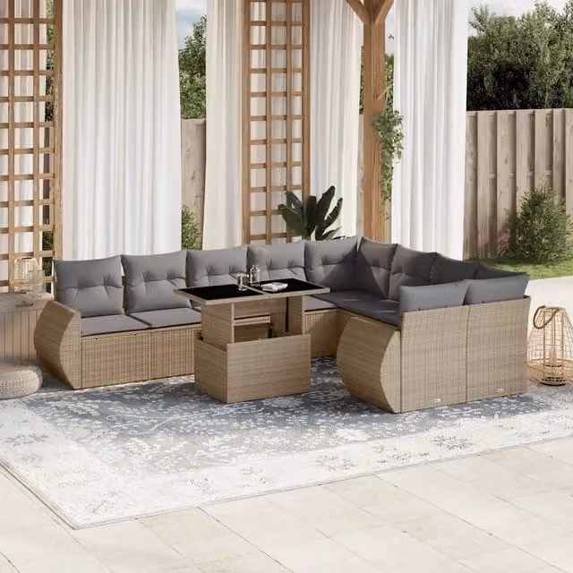 Set Divano da Giardino 10 Pezzi vidaXL con Cuscini Beige e Grigio in Polyrattan e Acciaio – 1