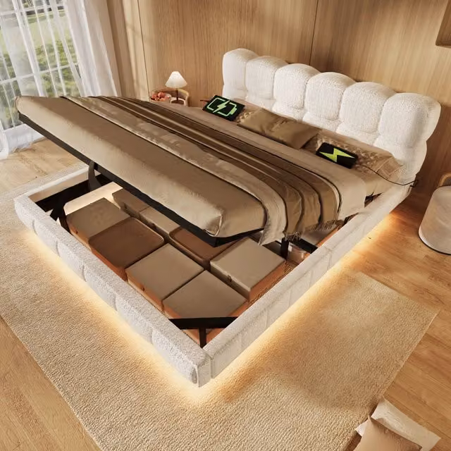 Letto matrimoniale contenitore 140x200 cm con LED e ricarica USB/Type-C; chenille beige