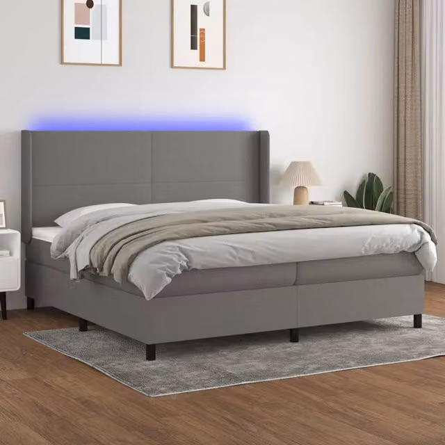 Letto matrimoniale moderno vidaXL in tessuto grigio scuro con materasso ibride, illuminazione LED sottostante e porta USB, L/P: 200 x 200 cm – 1