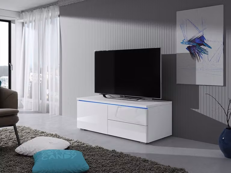 Tavolino per TV con illuminazione a LED FERNS 11 - bianco / bianco lucido, sinistro