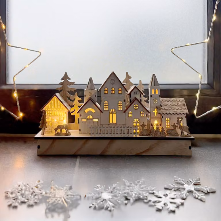 Villaggio invernale a LED - circa 30 x 14 cm - decorazione in legno illuminata per Natale