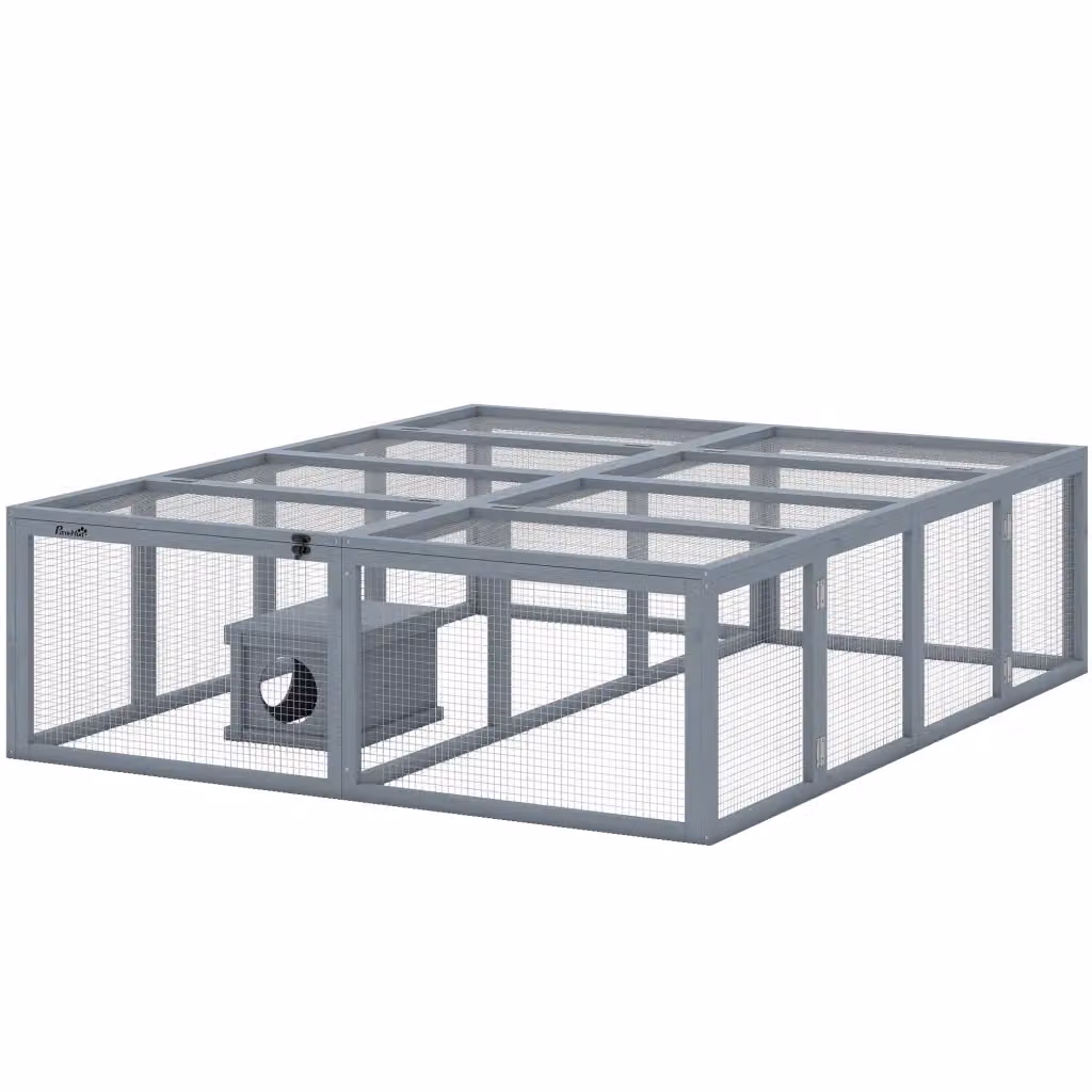Gabbia per conigli Minimal in legno e metallo con 2 porte e riparove, Grigio, L: 180 cm, P: 150 cm, H: 48 cm – 2