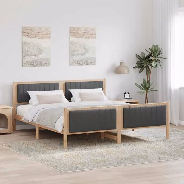 Struttura del letto moderna vidaXL in legno di pino e tessuto, marrone e grigio, L/P: 180 x 200 cm