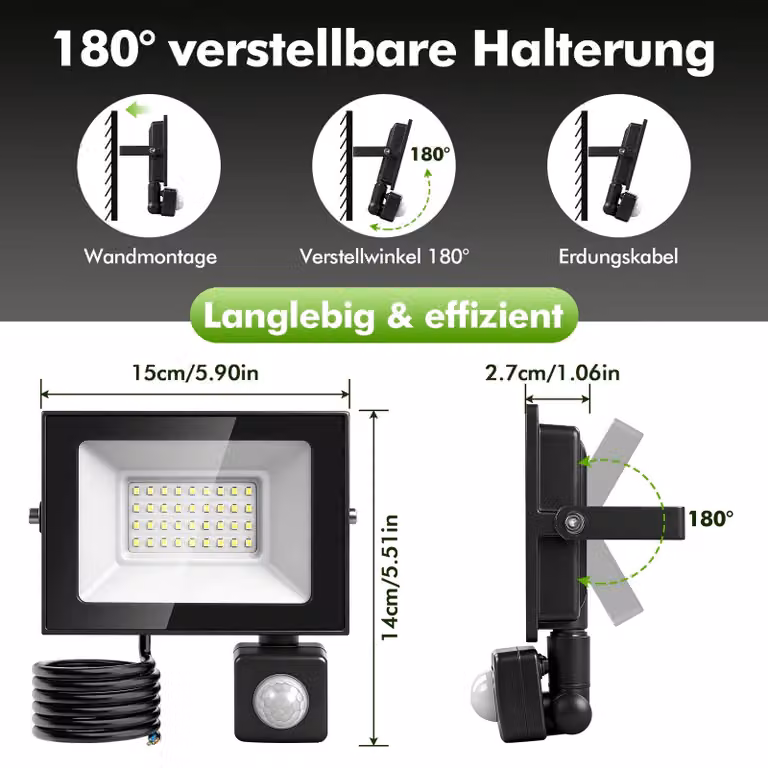 Faretto LED con sensore di movimento - 30 W - Confezione da 5 pezzi - 3000 K - Per uso esterno - Impermeabile - 220–240 V