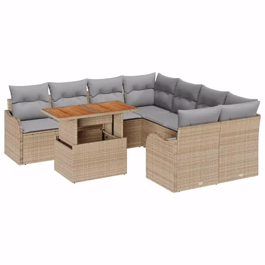 Set Divano da Giardino vidaXL 9 Pezzi in Polyrattan Beige con Cuscini e Tavolino da Esterno – 2