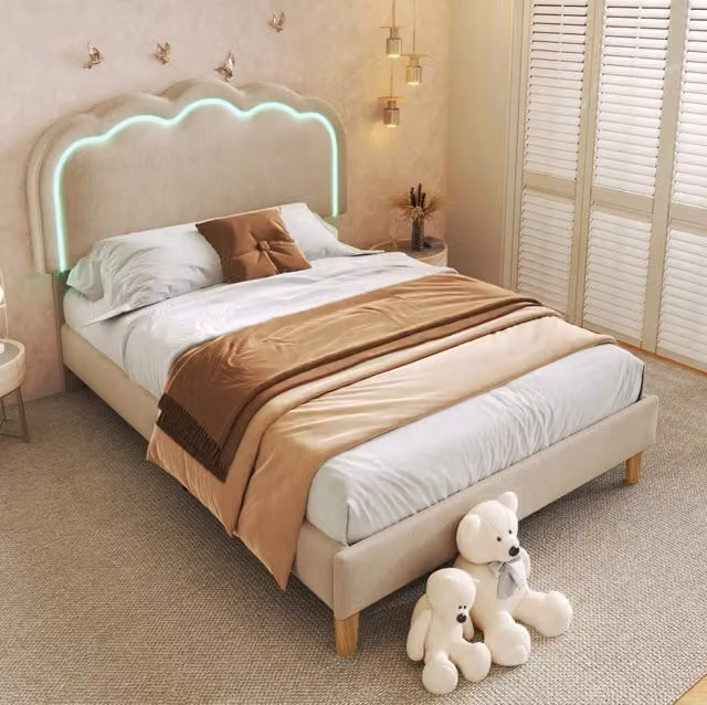 Letto singolo moderno imbottito in tessuto beige con illuminazione sottostante e luce da lettura integrata L/P: 90 x 200 cm