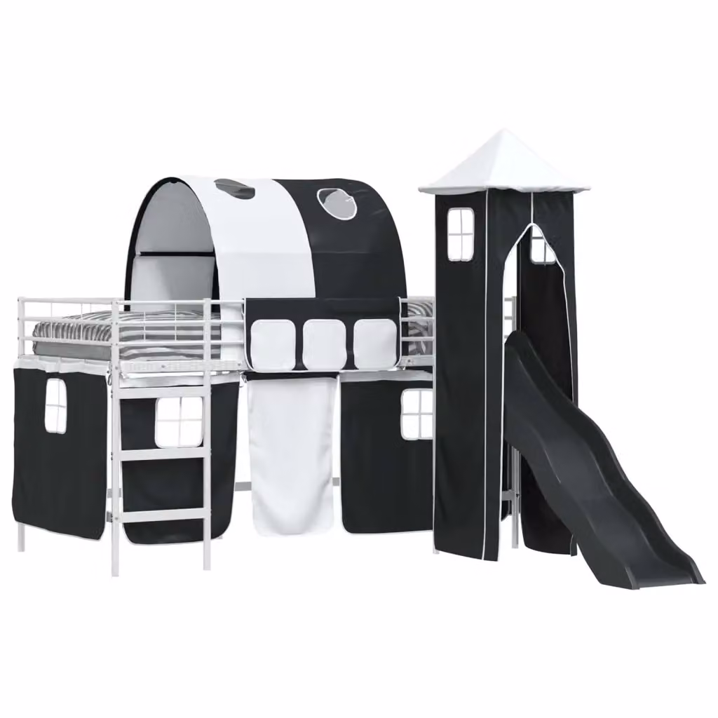 Letto a castello per bambini vidaXL in metallo con struttura a casetta, Bianco, Blu e Nero, L/P/H: 200 x 100 x 205 cm – 2