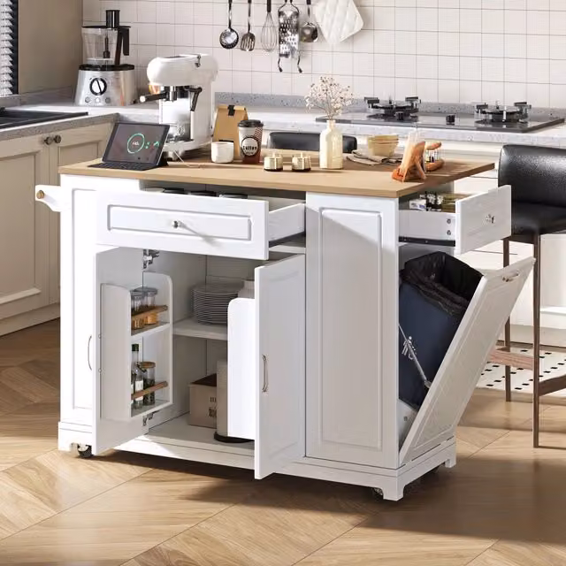 Isola Cucina Mobile con Ruote e Cassetti ¨C MINIMAL ¨C Bianco, Allungabile, Multifunzione