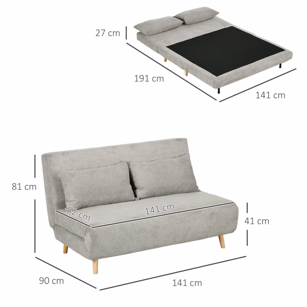 Divano letto a 2 posti MIVRAY in tessuto grigio con schienale regolabile e cuscini inclusi, L/P/H: 141 x 81 x 90 cm – 2