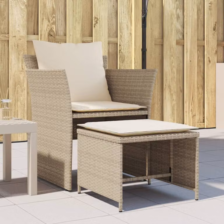 vidaXL Sedia da Giardino con Poggiapiedi in Polyrattan Beige e Cuscini Bianchi