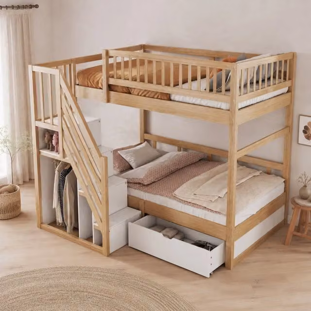 Letto a castello 90x200 cm in legno massello con scala contenitore e cassetti