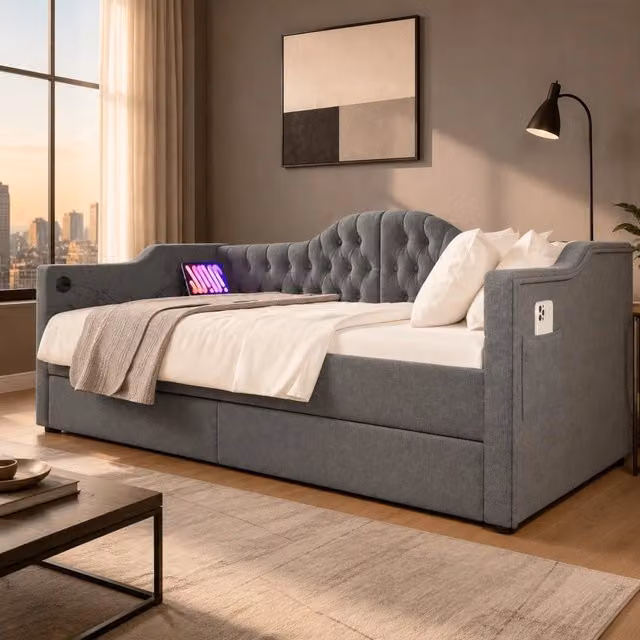 Letto da giorno imbottito ULEVR 90x190 cm con 2 cassetti, USB e Type-C, rivestimento in lino grigio