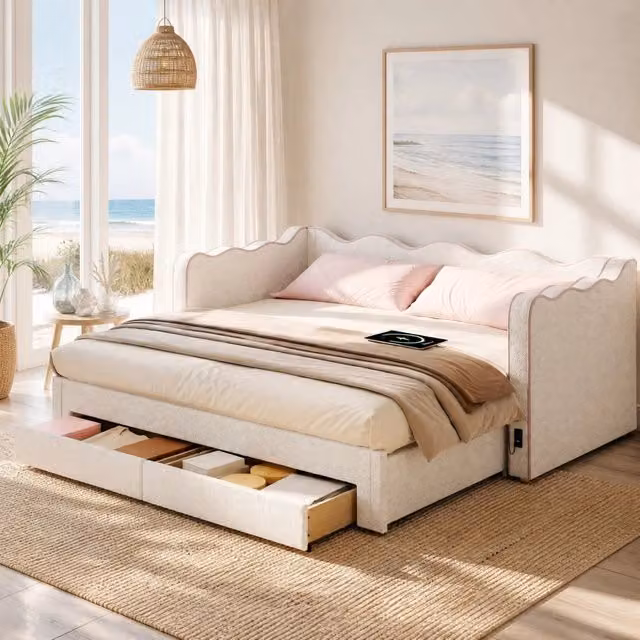 Letto estraibile 90x200 cm con 2 cassetti; prese USB e Type-C; rivestimento bouclé beige