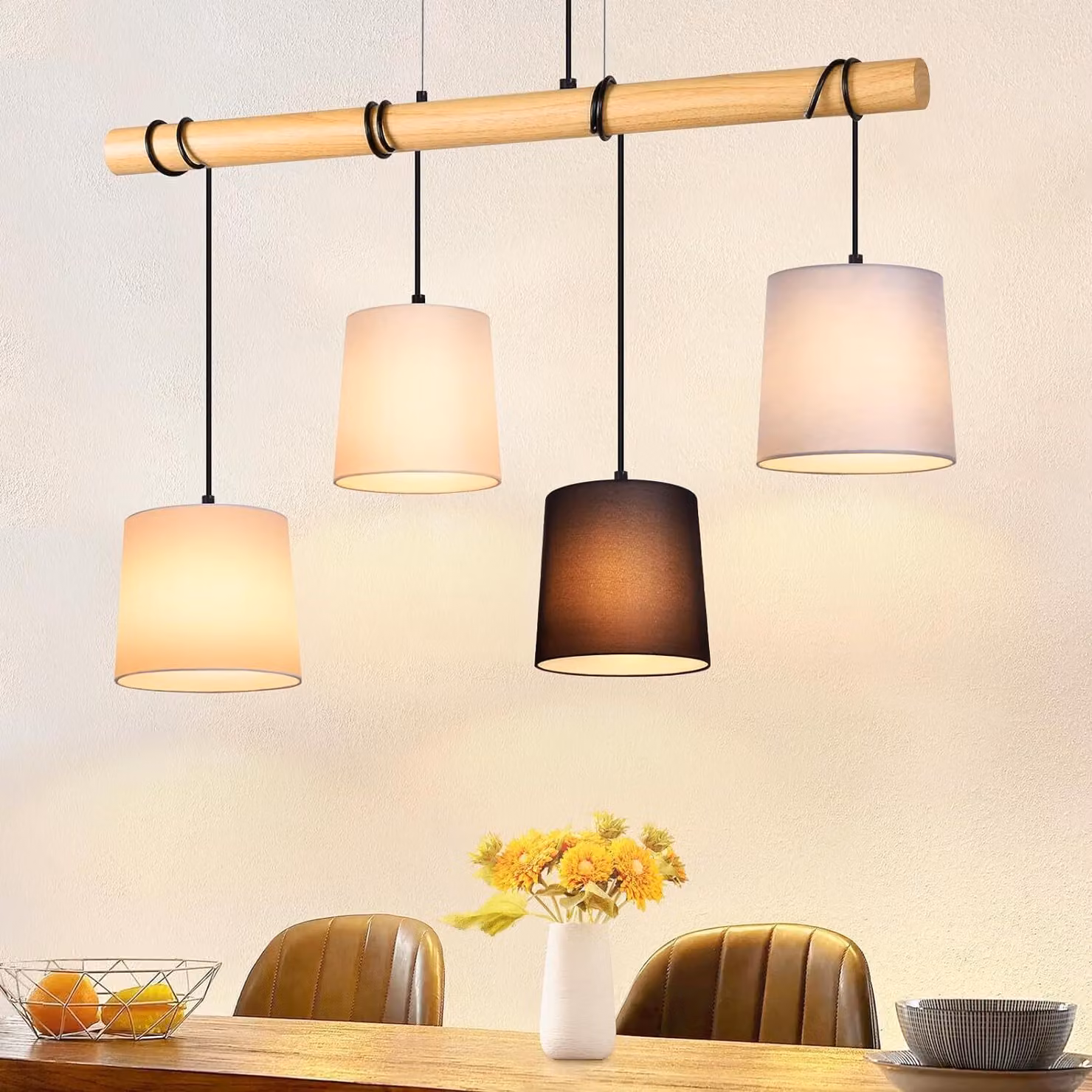 ZMH Lampada a sospensione legno vintage da tavolo lampada a sospensione E27 bianco 1 fiamma cucina rustica tessuto per sala da pranzo soggiorno ristorante camera da letto