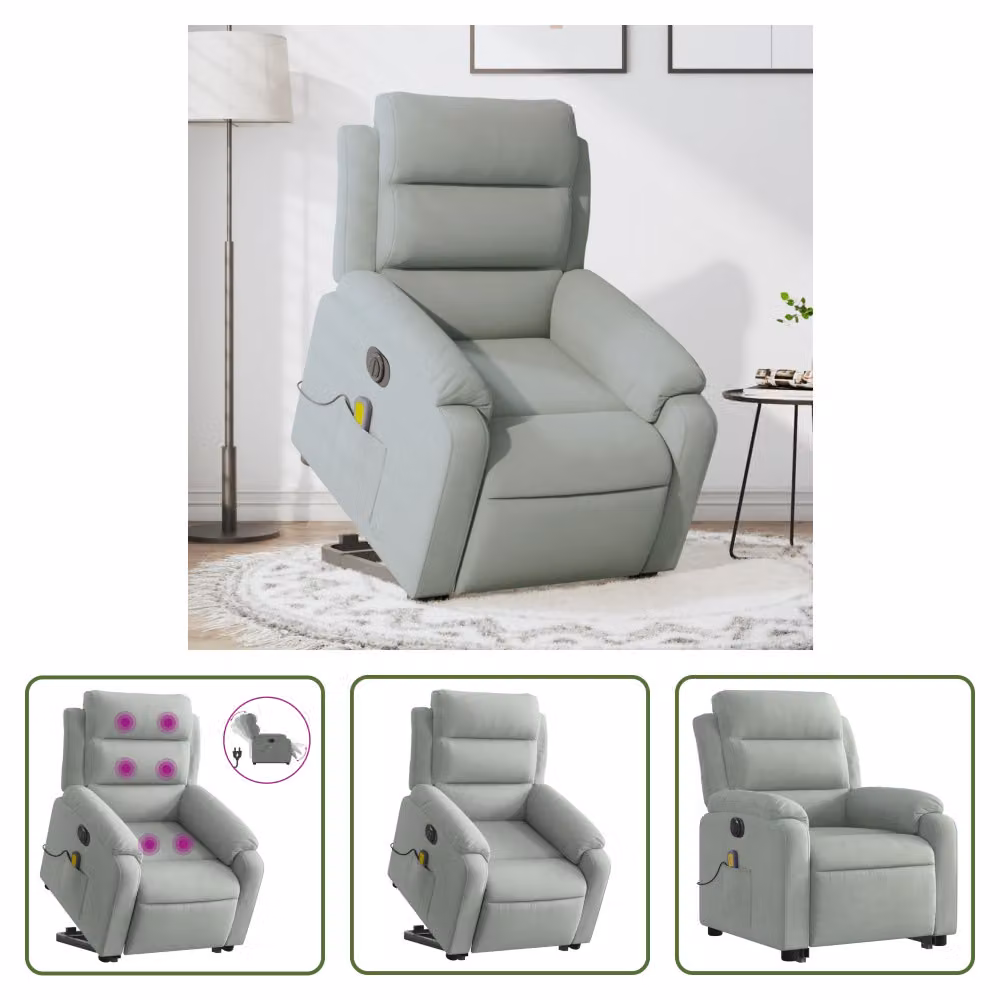 The Living Store Sedia massaggiante con supporto in piedi elettrica in velluto grigio chiaro