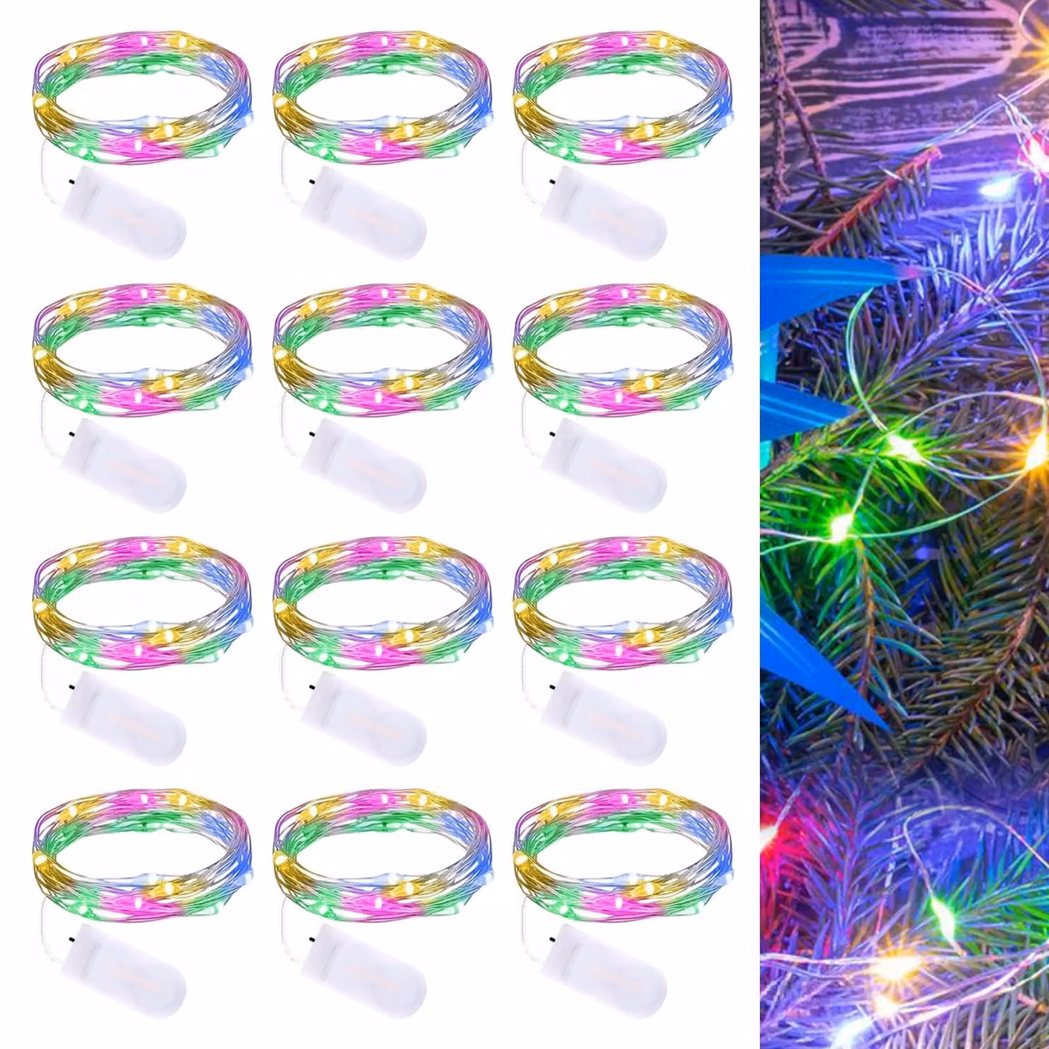 Catena luminosa a LED, set da 12, lunghezza 3 metri, 30 LED, multicolore, filo di rame