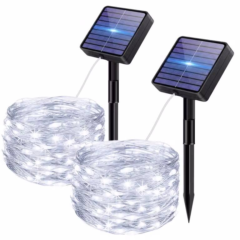 Catena luminosa solare, confezione da 2, luce bianca fredda, 50 LED, resistente alle intemperie, con funzione di memoria