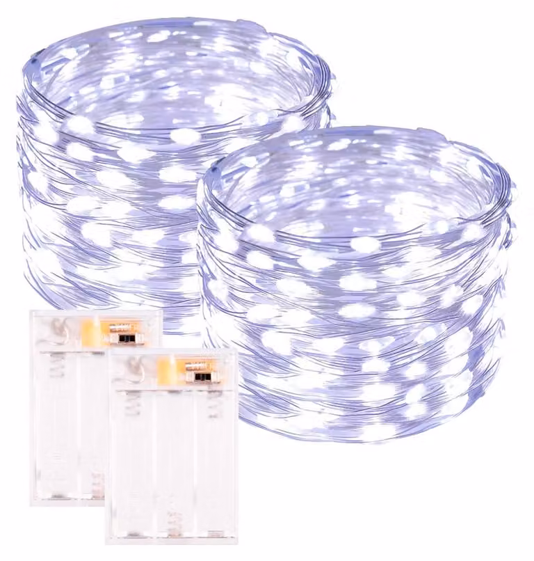 Confezione da 2 catene luminose a LED, lunghezza 10 metri, 100 LED, luce bianca fredda, con timer, impermeabili