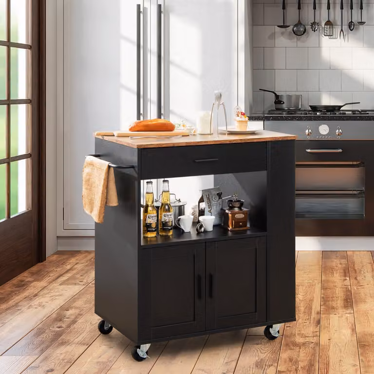 Isola da cucina su ruote Costway con portaspezie, cassetto grande e armadietto a 2 porte, Carrello da cucina moderno Nero