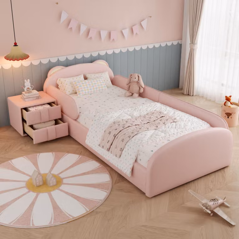 Letto imbottito Merax 90x200 cm con comodino a cassetti, letto singolo per bambini con testiera a forma di orso, protezione anticaduta, rete a doghe, rosa