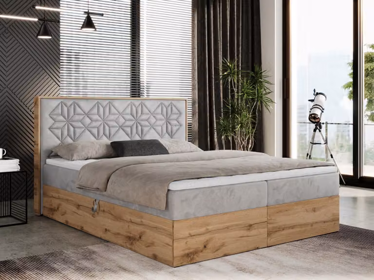 Letto boxspring 160x200 con contenitore, letto imbottito 160x200 con materasso H4, letto boxspring 160x200 con testiera, letto boxspring in legno massello - Nessi - Grigio chiaro Velvet - H4