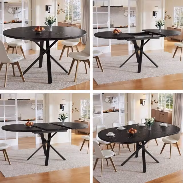 Tavolo rotondo allungabile effetto marmo ¨C Minimal ¨C nero, telaio in metallo, 100/140x75,5 cm