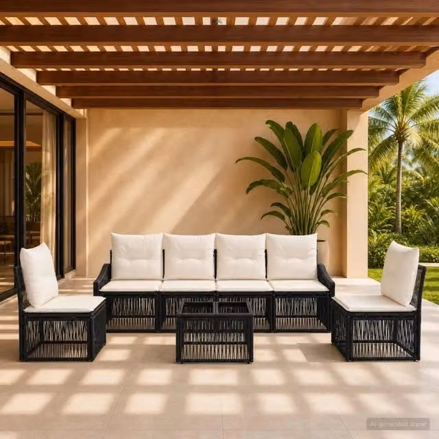 Set Divano da Giardino vidaXL in Polyrattan Nero con Cuscini e Tavolino da Caffè – 1