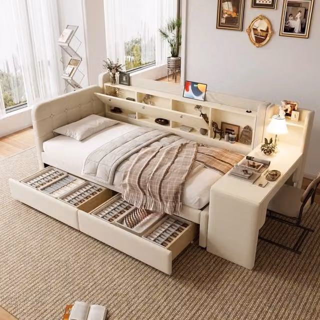 Letto singolo 90x200 cm con contenitore ribaltabile; scrivania reversibile e prese USB; beige