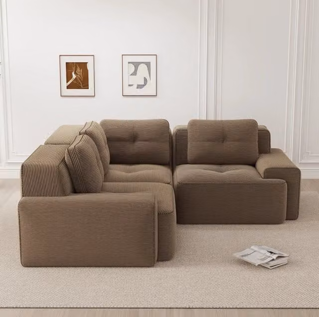Divano angolare modulare in corduroy marrone; 206x206x69 cm