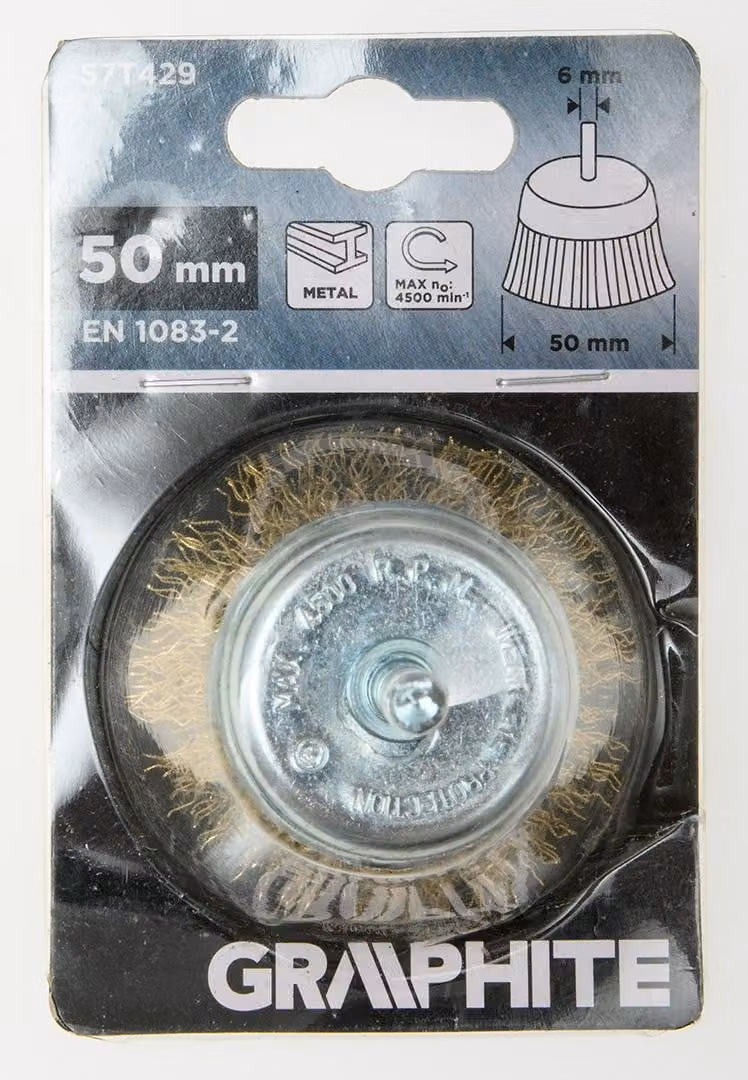 Spazzola frontale in filo metallico da 50 mm con filo ondulato ottonato e perno da 6 mm